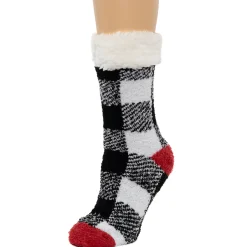 Buffalo Check Pop Heel-Toe Faux Shearling Lined Lounge Crew Sock