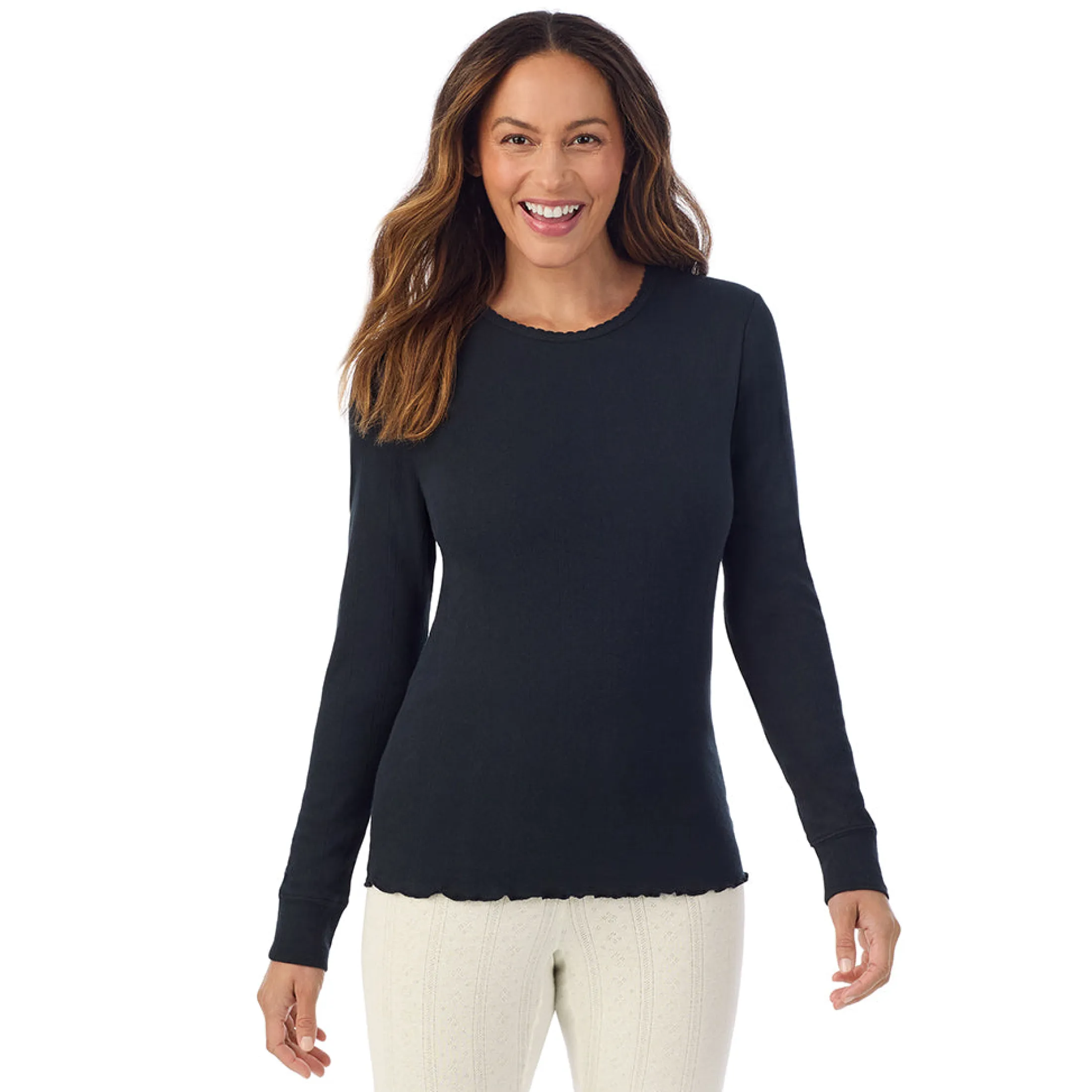 Cotton Pointelle Long Sleeve Crew