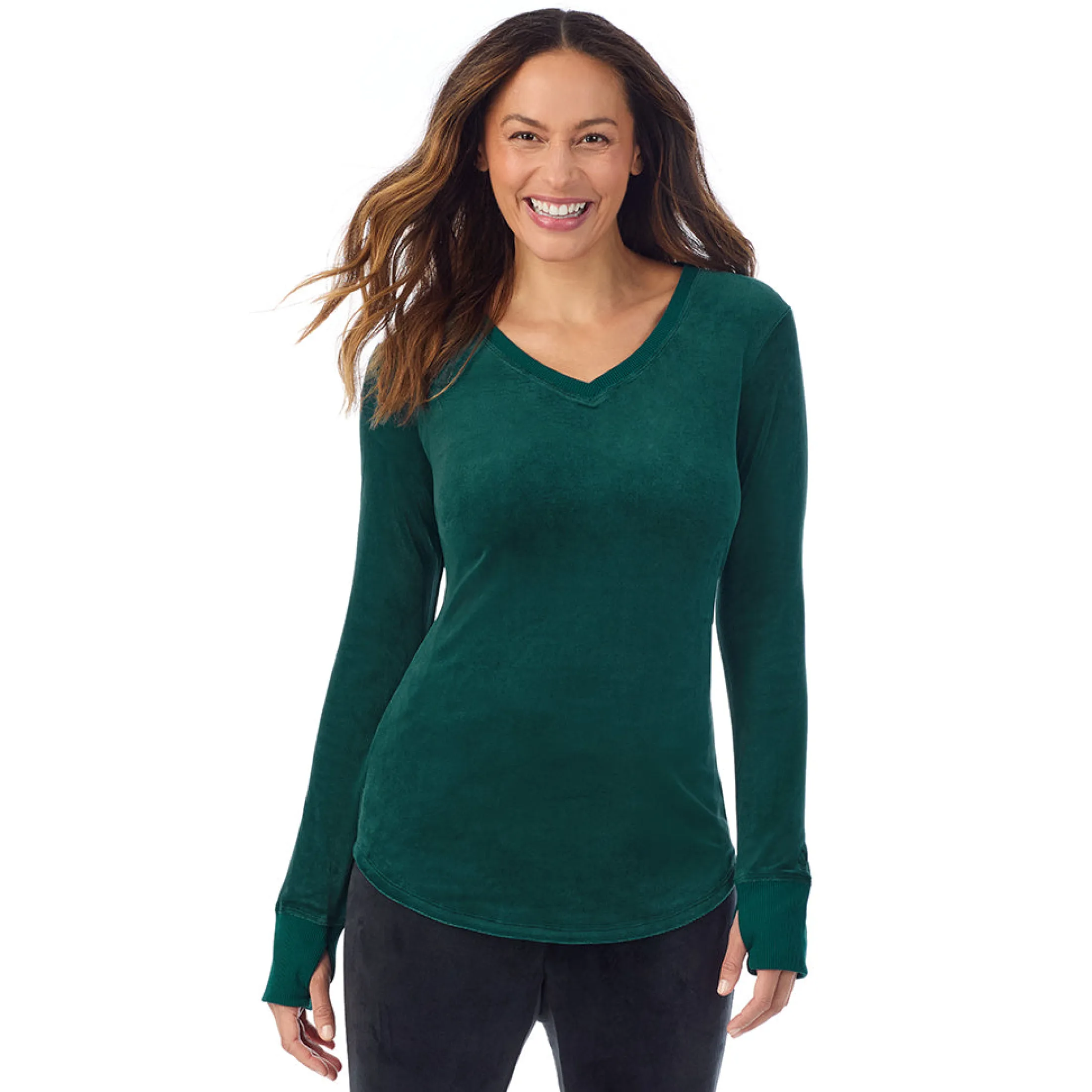 Stretch Velour Long Sleeve V-Neck
