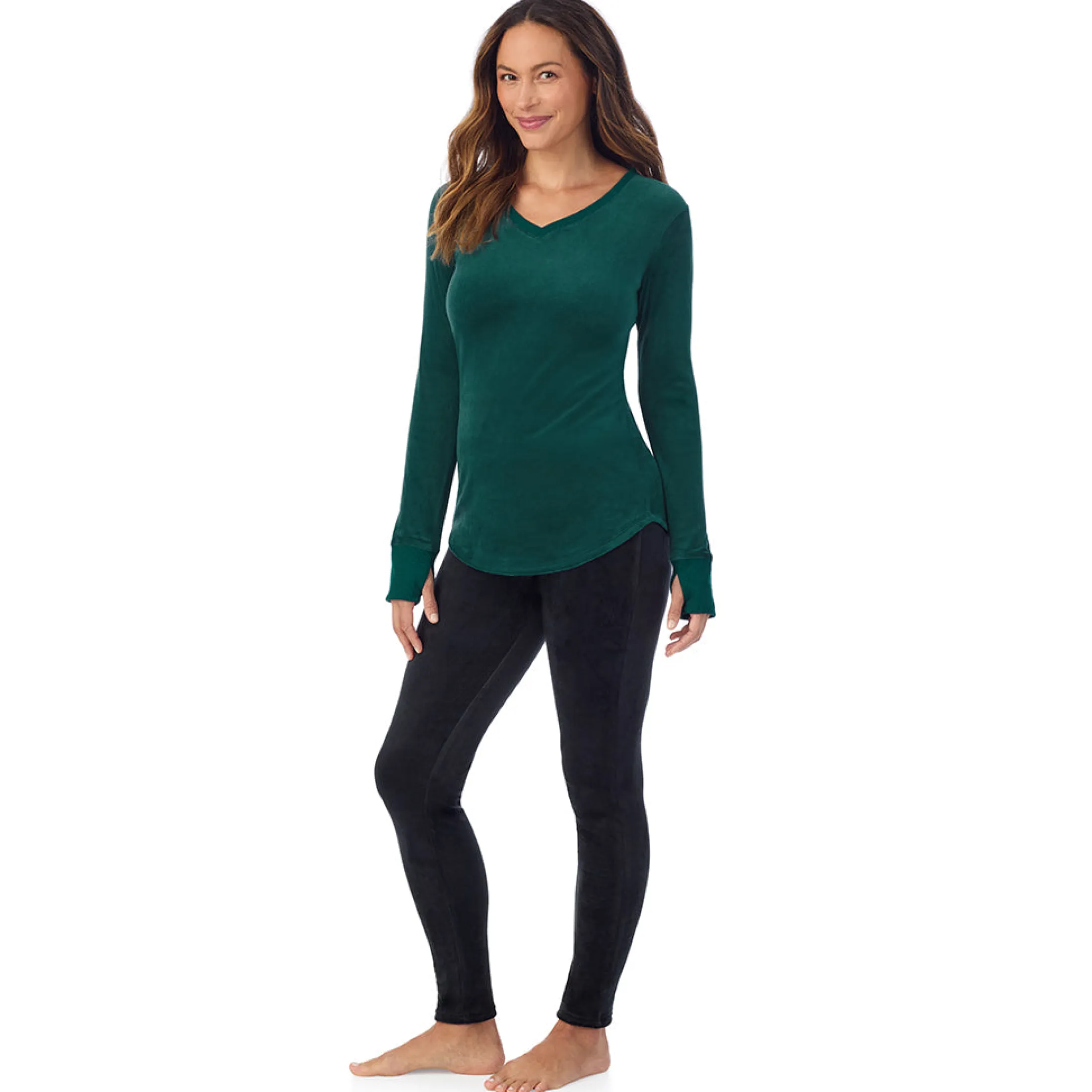 Stretch Velour Long Sleeve V-Neck