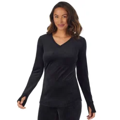 Stretch Velour Long Sleeve V-Neck