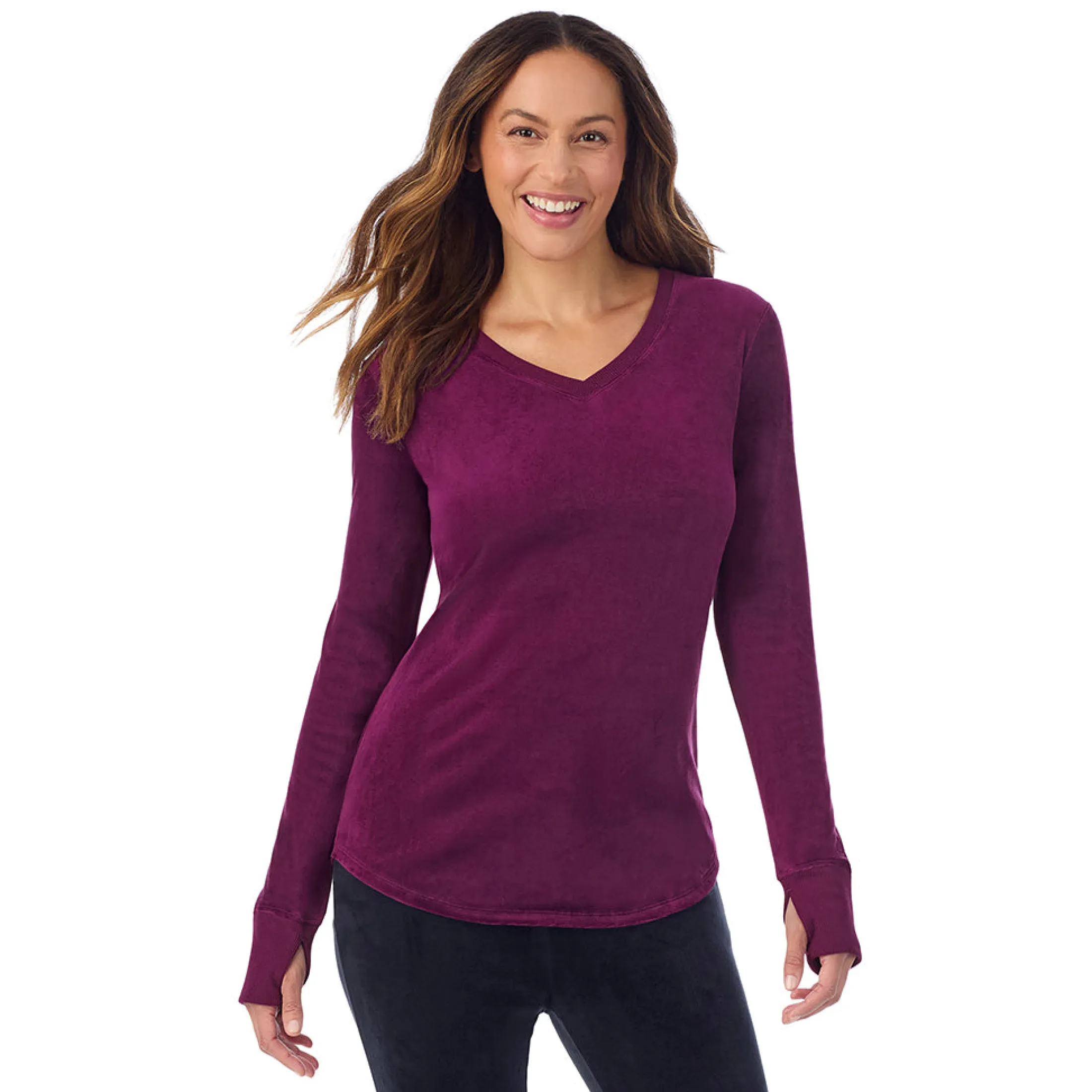 Stretch Velour Long Sleeve V-Neck
