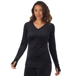Stretch Velour Long Sleeve V-Neck